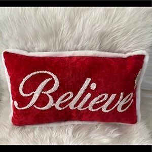 Red & white Velvet Believe Christmas accent pillow